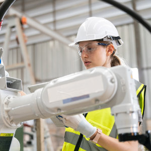 Frau bedient Roboter