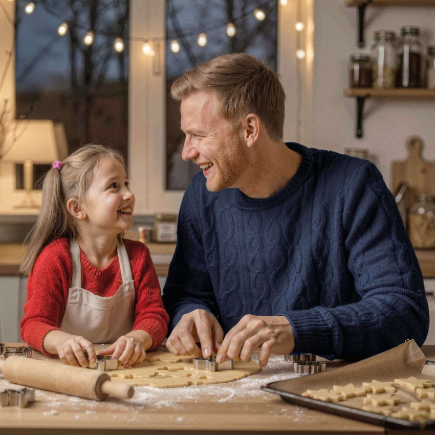 Vater und Tochter backen Weihnachtsplätzchen