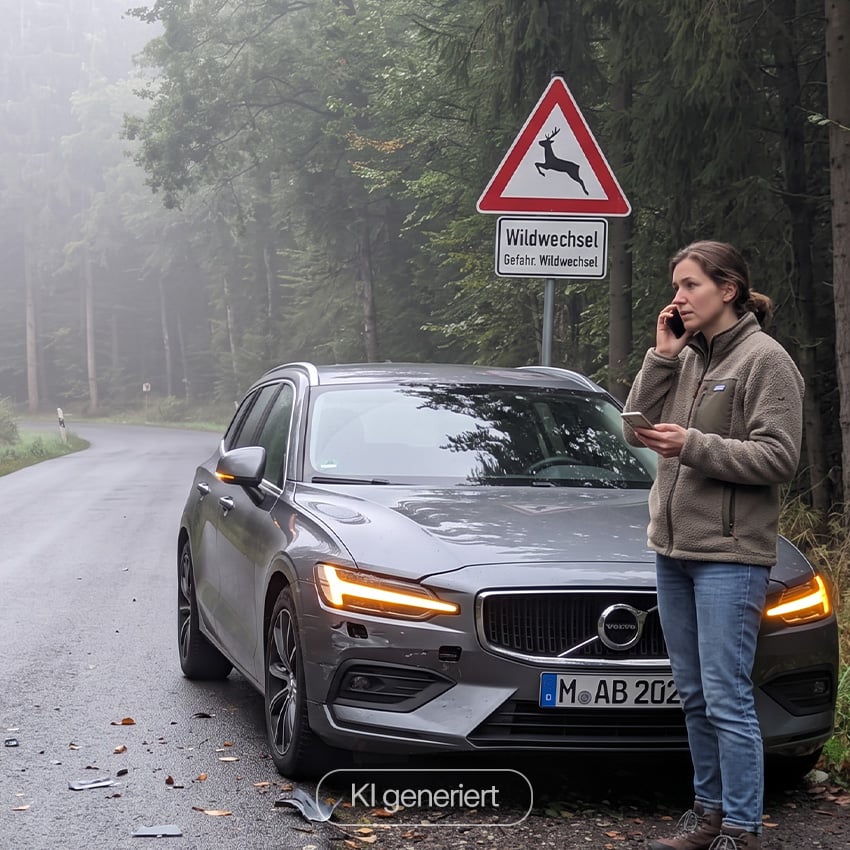 KI generierte Darstellung einer telefonierenden Frau die am Straßenrand neben ihrem Auto nach einem Unfall steht. 