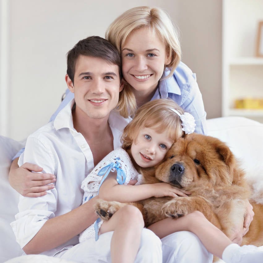 E21MK2 Zufriedene Familie mit Chow-Chow in ihrer Wohnung