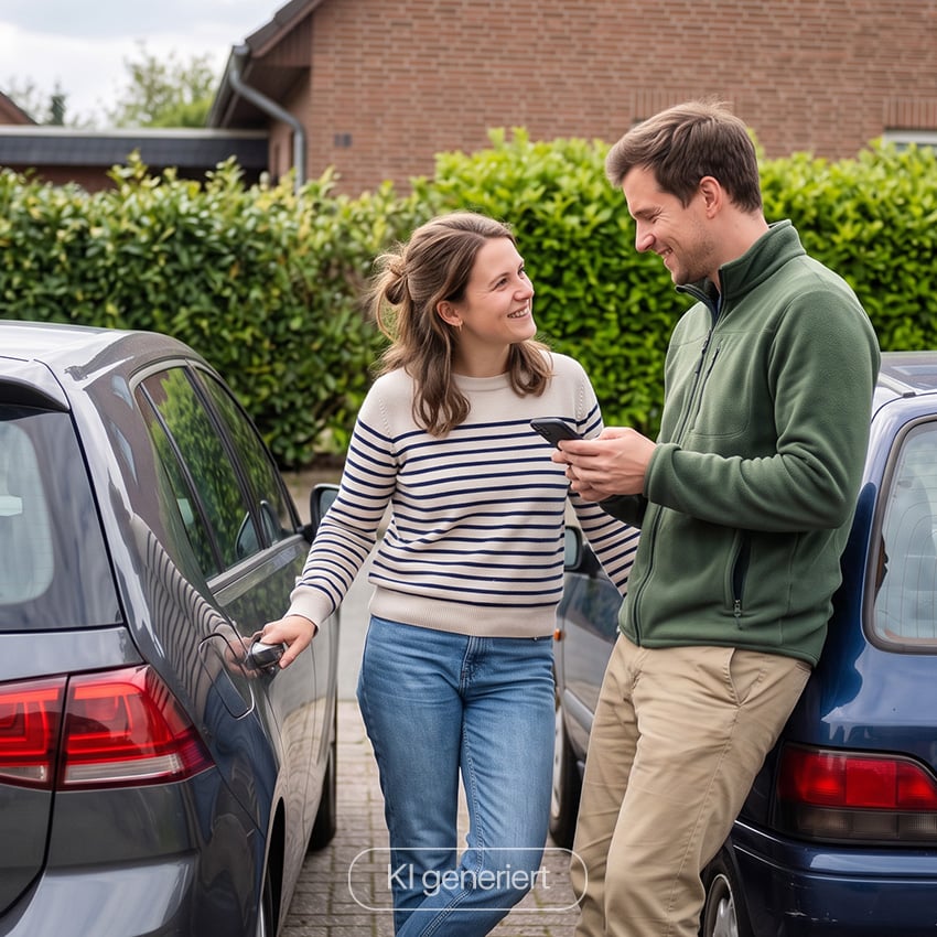 zweitwagenversicherung_850x850_2022_10 KI generierte Darstellung einer Frau und einem Mann die zwischen zwei Autos stehen und sich anlächeln