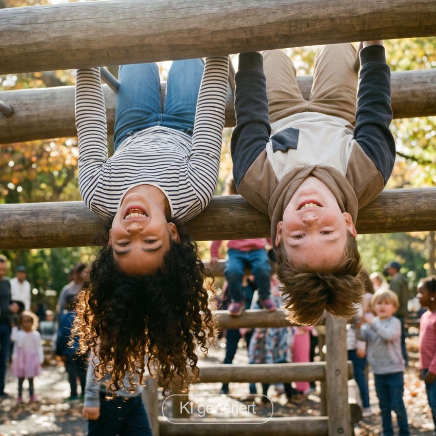 KI generierte Darstellung von zwei Kindern,  die kopfüber an einem Klettergerüst hängen