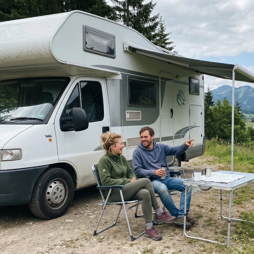 Paar sitzt unter Markise vor einem Wohnmobil