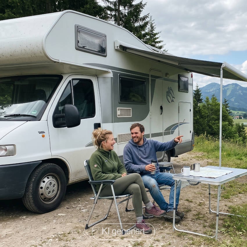 Paar sitzt unter Markise vor einem Wohnmobil