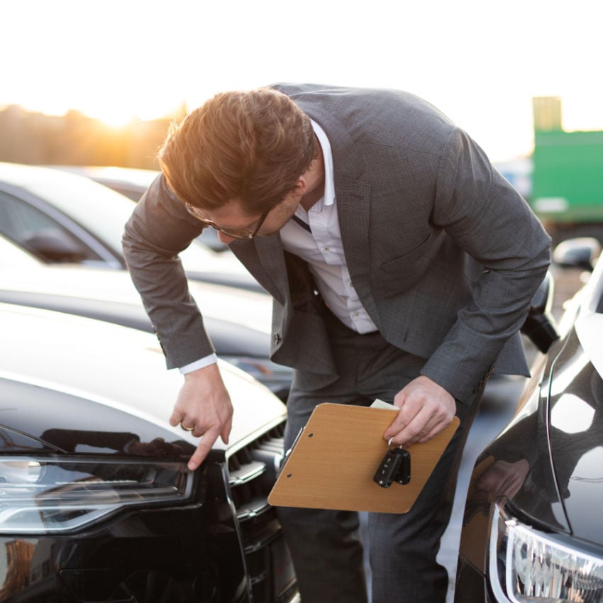 2BD5WH8 Autohändler prüft Auto auf Schäden
